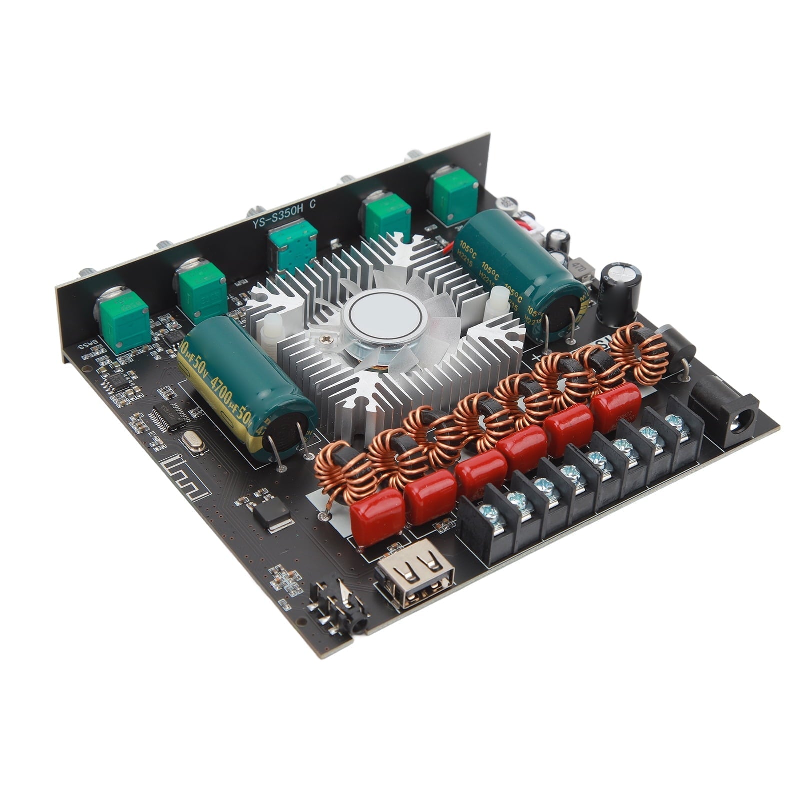 XY S350H 220WX2 350W 2.1 Channel Bluetooth Power Amplifier Board 18V‑38V Bluetooth Speaker Audio Amplifier Module Channel Subwoofer Amplifier Board - a black circuit board, a central heatsink with a fan, green capacitors, and terminal blocks.