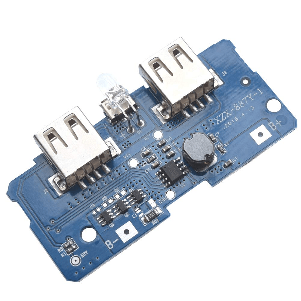 XZX-887Y-1 5V 2A DIY Power Bank Module - a blue circuit board featuring two USB-A ports, a micro-USB port, an LED, and battery connection pads.