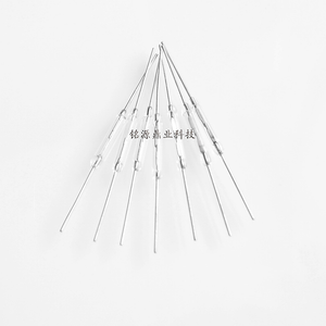 Y213 Reed Switch Magnetic Control Switch 2*14mm Normally Open Magnetic Induction Switch - a group of seven clear glass reed switches with silver metal leads arranged in a fan shape.