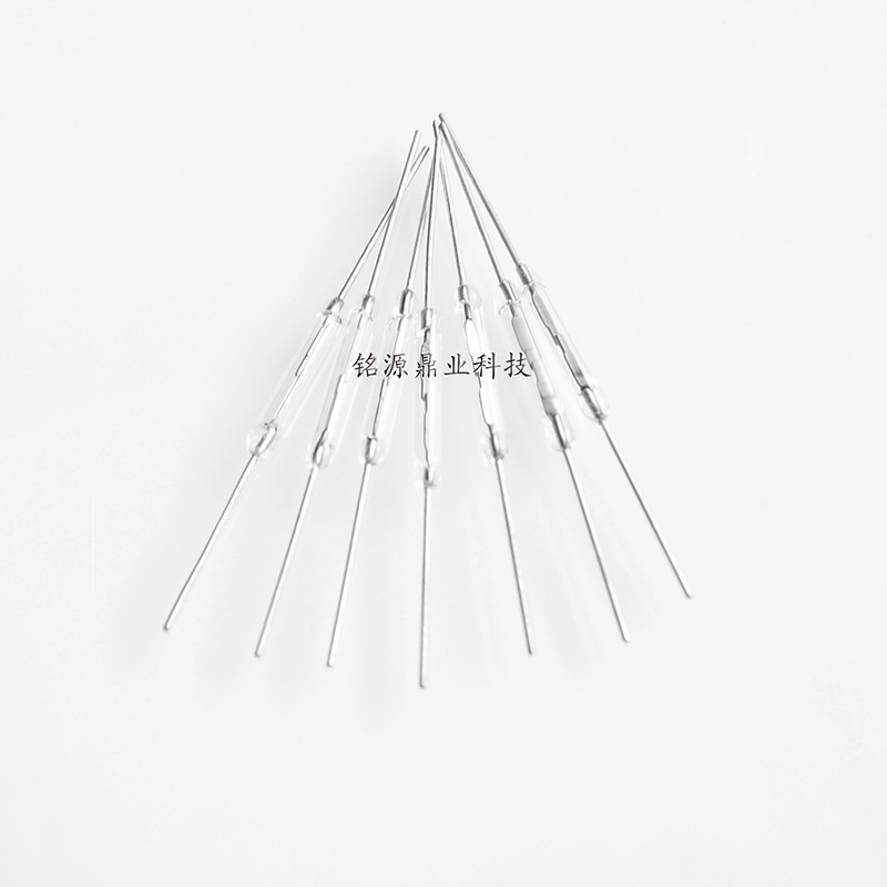 Y213 Reed Switch Magnetic Control Switch 2*14mm Normally Open Magnetic Induction Switch - a group of seven clear glass reed switches with silver metal leads arranged in a fan shape.