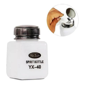 Yaxun Multipurpose Push Down Empty Liquid Container Yx-40 - a white square bottle with a metal pump top, shown with an inset of a hand using the dispenser.