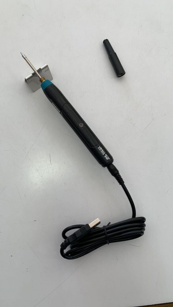 Yaxun USB Cordless Soldering Iron | Portable Wireless Electric Tool - with a black handle, metal tip, small stand, and a detached black cap, connected to a USB cable.