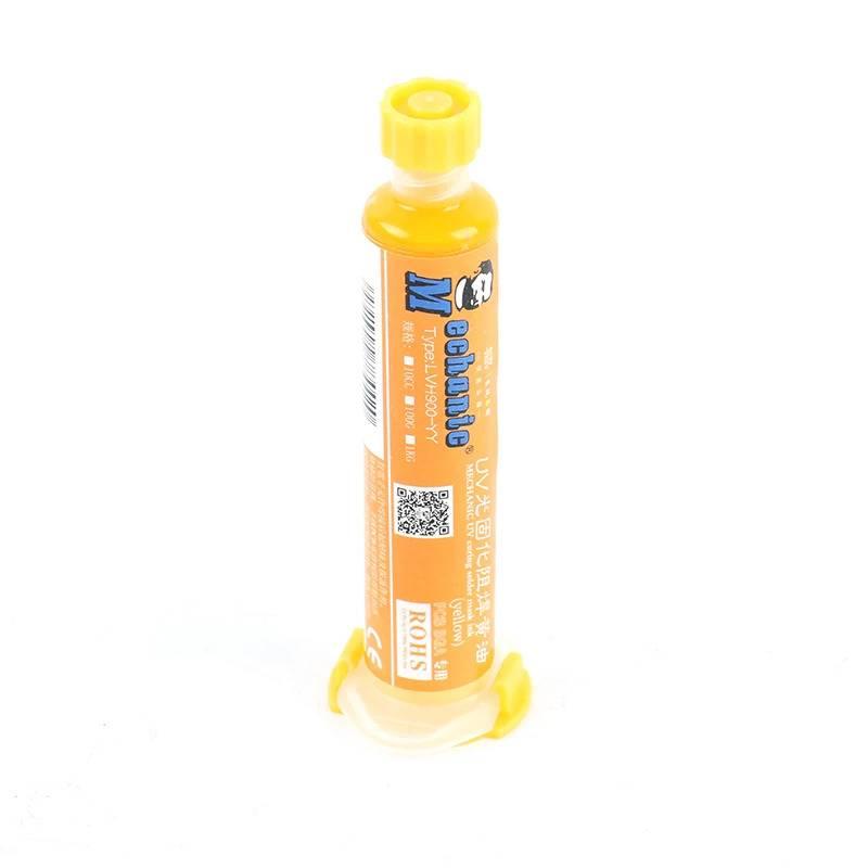 Yellow Mechanic UV Curable 10CC Solder Mask Ink PCB Fixing Repairing Welding Oil Paint Prevent Corrosive Arcing - cylindrical squeeze tube with a screw-on cap, labeled with brand and product details.