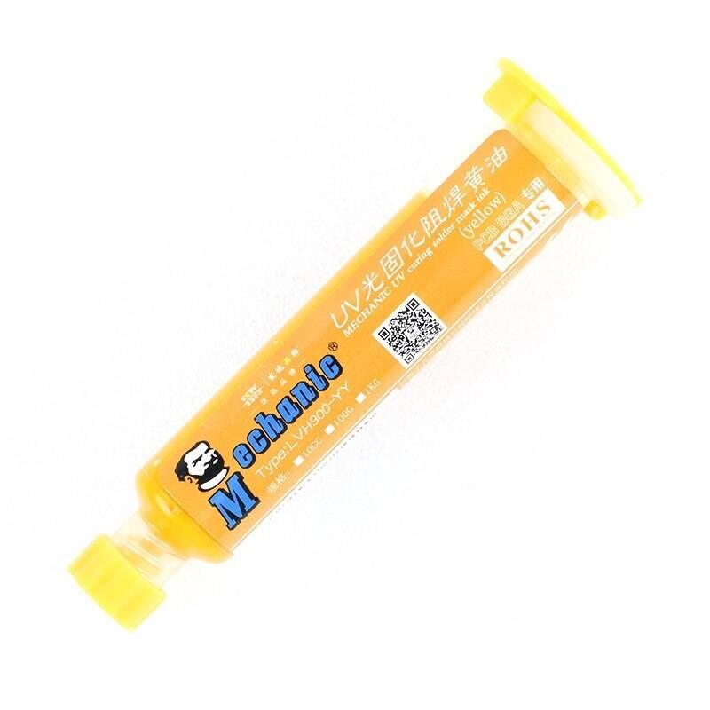 Yellow Mechanic UV Curable 10CC Solder Mask Ink PCB Fixing Repairing Welding Oil Paint Prevent Corrosive Arcing - cylindrical 10CC plastic syringe with a screw-on cap and a label containing text and a QR code.