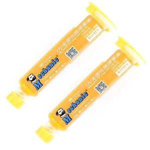 Yellow Mechanic UV Curable 10CC Solder Mask Ink PCB Fixing Repairing Welding Oil Paint Prevent Corrosive Arcing - two yellow 10CC tubes of yellow PCB repair oil with screw caps and branded labels, shown against a white background.