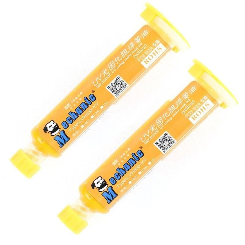Yellow Mechanic UV Curable 10CC Solder Mask Ink PCB Fixing Repairing Welding Oil Paint Prevent Corrosive Arcing - two yellow 10CC tubes of yellow PCB repair oil with screw caps and branded labels, shown against a white background.