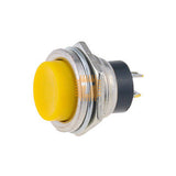 Yellow Momentary SPST Cap Push Button Switch AC 6A 125V 3A 250V - a round yellow button mounted in a metallic casing with two metal pins at the back.