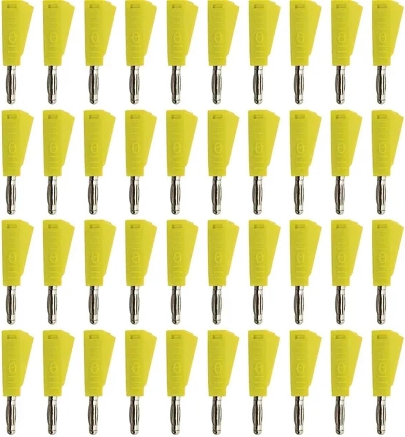 Yellow Stackable 4mm Banana Plugs Jacks Connector - grid of forty identical yellow stackable 4mm banana plug connectors arranged in four rows.