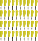 Yellow Stackable 4mm Banana Plugs Jacks Connector - grid of forty identical yellow stackable 4mm banana plug connectors arranged in four rows.