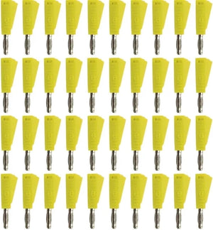 Yellow Stackable 4mm Banana Plugs Jacks Connector - grid of forty identical yellow stackable 4mm banana plug connectors arranged in four rows.