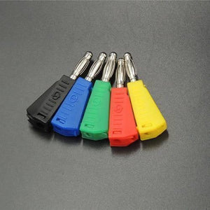 Yellow Stackable 4mm Banana Plugs Jacks Connector - shown as a set of five stackable banana plugs in black, blue, green, red, and yellow.