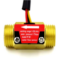 YF-B1 Brass Flow Sensor Meter DN15 – NPT Thread, Hall Effect, DC5-24V Energy Meter - a gold-colored cylindrical sensor with a red label showing flow direction, specifications, and three colored wires.