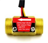 YF-B1 Brass Flow Sensor Meter DN15 – NPT Thread, Hall Effect, DC5-24V Energy Meter - a gold-colored cylindrical sensor with a red label showing flow direction, specifications, and three colored wires.