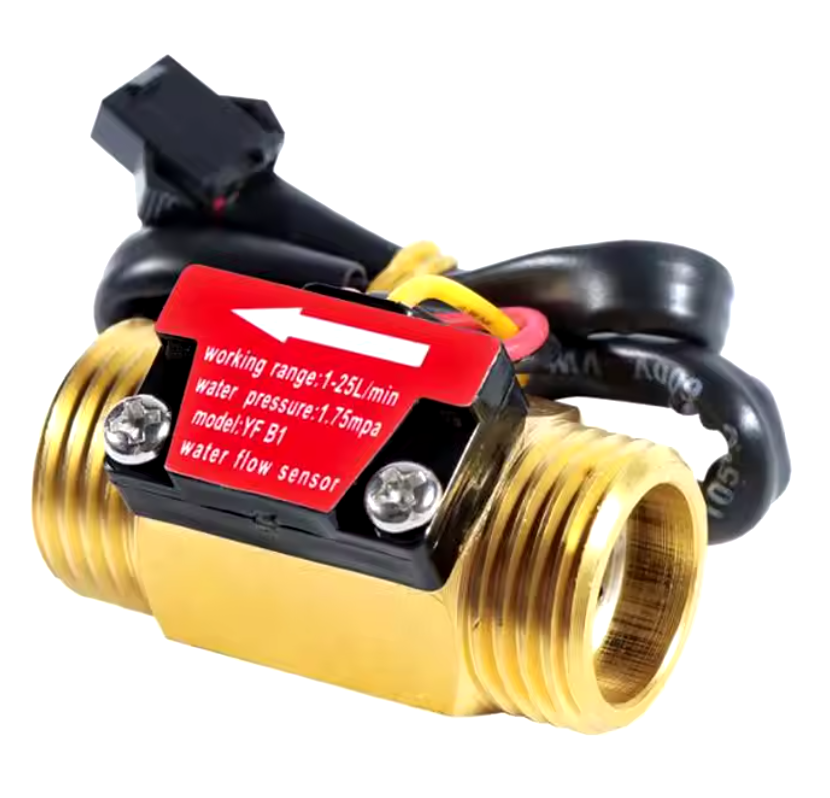 YF-B1 Brass Flow Sensor Meter DN15 – NPT Thread, Hall Effect, DC5-24V Energy Meter - with a red label, two threaded ends, and a black wiring harness with a connector.
