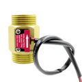 YF-B10 G1 1inch Water Diesel Brass DN25 Hall Effect Turbine Flow Sensor Meter - Accurate Flow Measurement for Industrial Applications - with threaded G1 ports, its pink specification label reading 2-50 L/min working range, and a black three-wire cable.