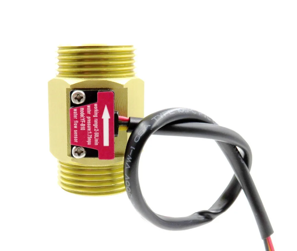 YF-B10 G1 1inch Water Diesel Brass DN25 Hall Effect Turbine Flow Sensor Meter - Accurate Flow Measurement for Industrial Applications - with threaded G1 ports, its pink specification label reading 2-50 L/min working range, and a black three-wire cable.