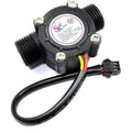 YF-S201 Arduino Water Flow Sensor Water Measurement Sensor - a black plastic cylindrical flow sensor with threaded ports and a three-wire cable ending in a black connector.