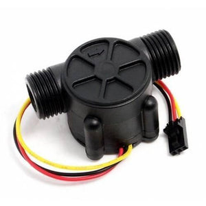 YF-S201 Arduino Water Flow Sensor Water Measurement Sensor - a black plastic cylindrical flow meter with two threaded ports and a three-wire cable with a black connector.