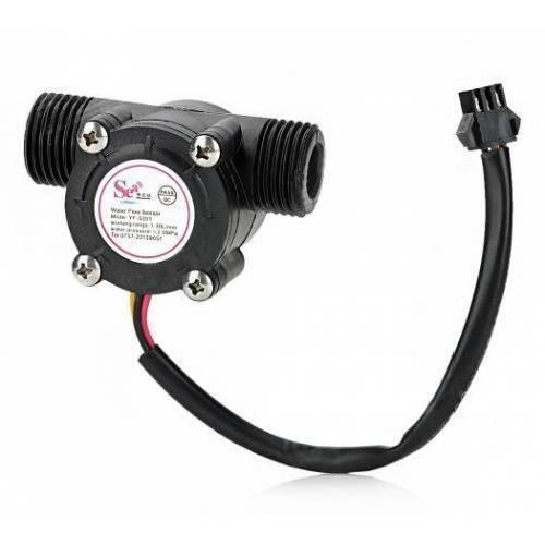 YF-S201 Arduino Water Flow Sensor Water Measurement Sensor - a black plastic water flow sensor with threaded inlet and outlet ports and a three-pin connector cable.