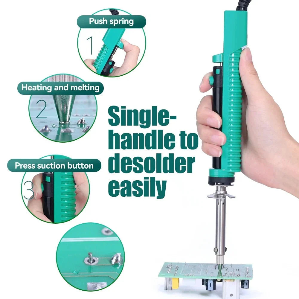 YIHUA 929D-V 30W Electric Desoldering Pump Iron - shown in a hand with three circular insets illustrating the spring, heating, and suction button steps.