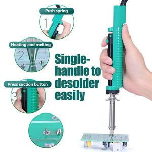 YIHUA 929D-V 30W Electric Desoldering Pump Iron - shown in a hand with three circular insets illustrating the spring, heating, and suction button steps.