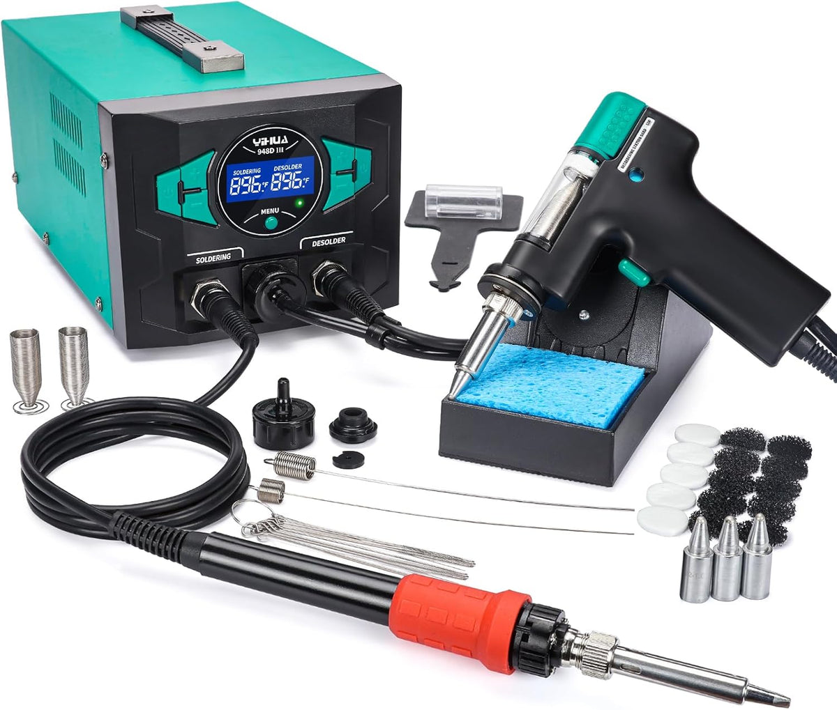 YIHUA 948D III desoldering station kit with desoldering gun, soldering iron, nozzles and filters