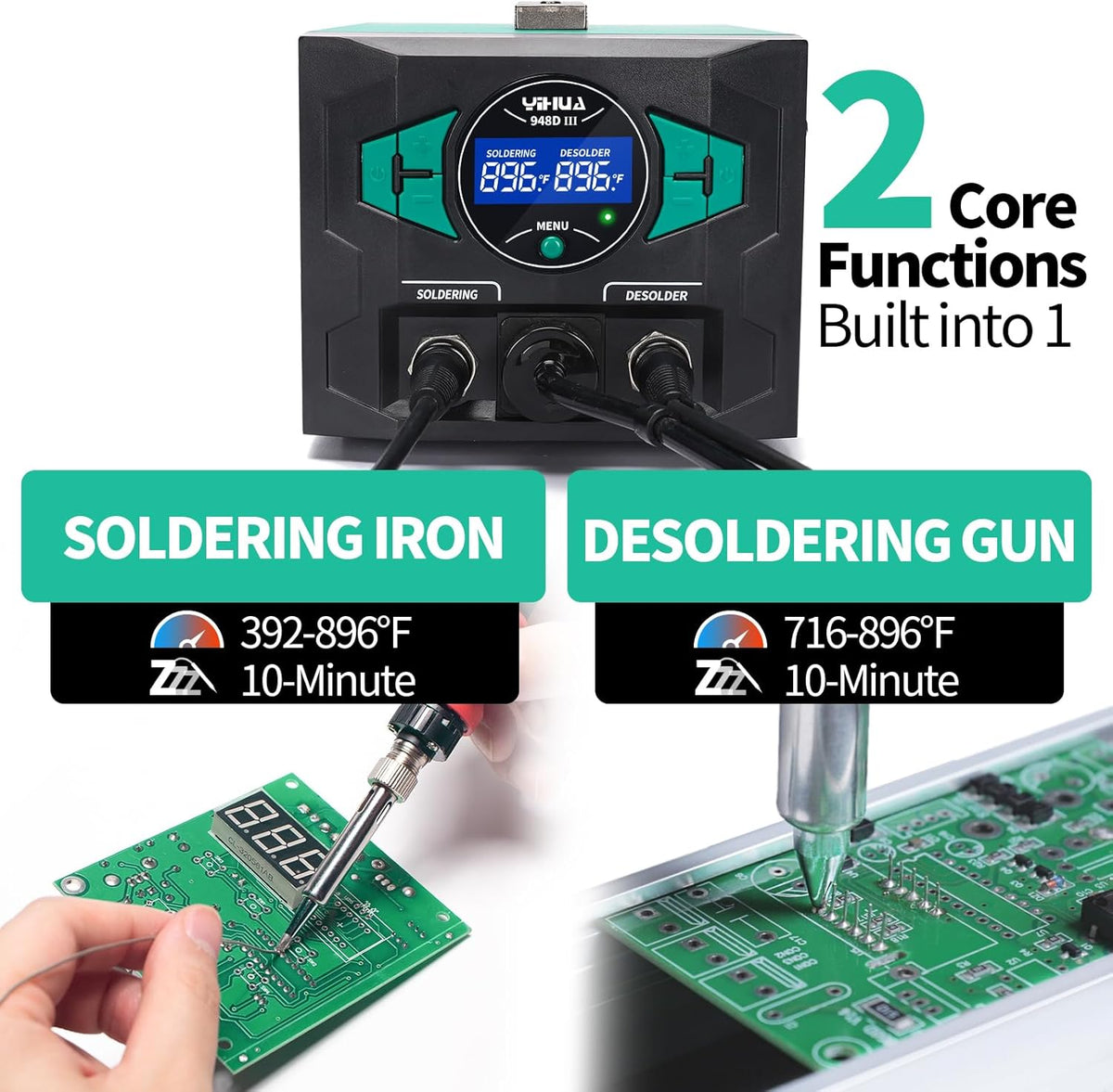 YIHUA 948D III dual LCD showing soldering iron and desoldering gun temperatures