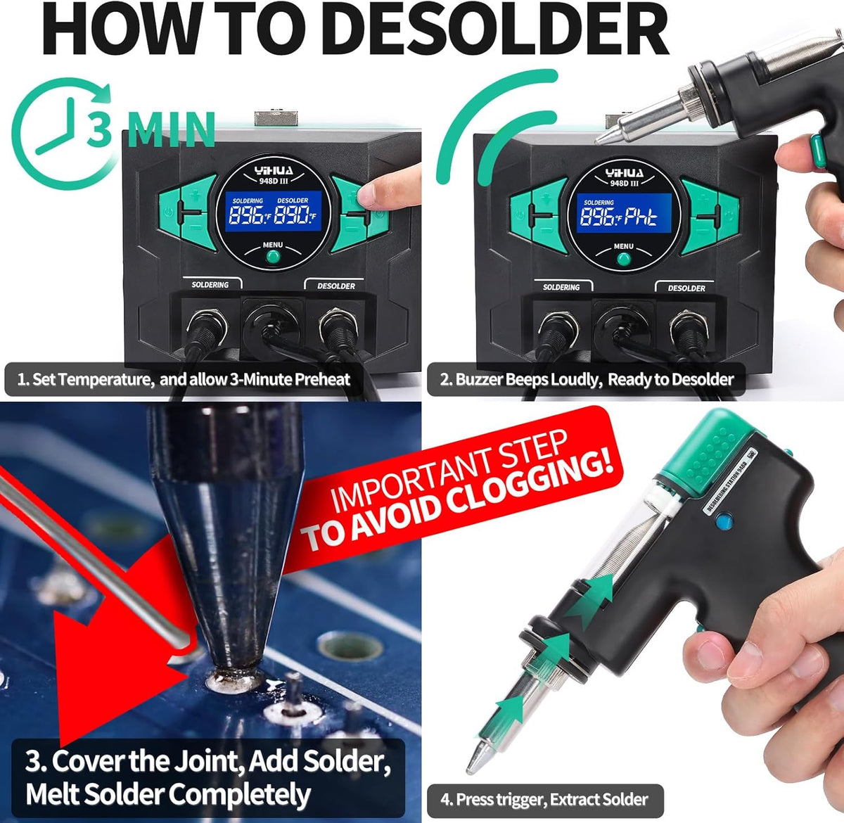 How to desolder with the YIHUA 948D III: preheat, melt the joint, press the trigger