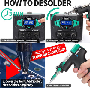 How to desolder with the YIHUA 948D III: preheat, melt the joint, press the trigger