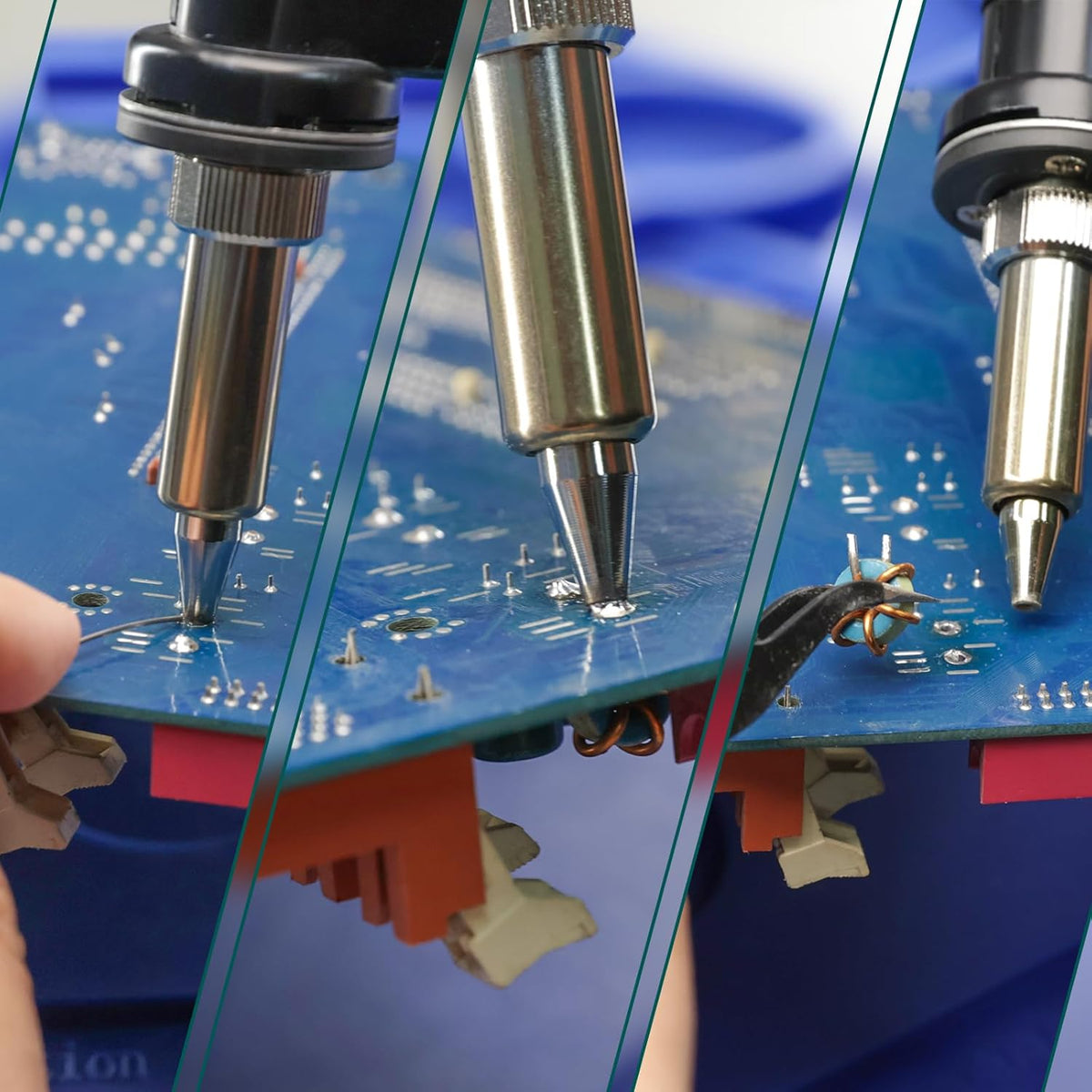 YIHUA 948D III desoldering nozzle clearing through-hole pins on a circuit board
