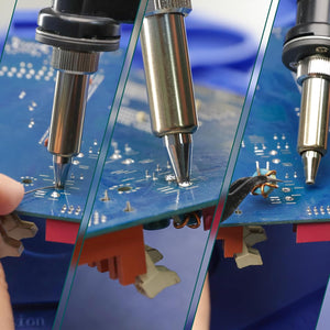 YIHUA 948D III desoldering nozzle clearing through-hole pins on a circuit board