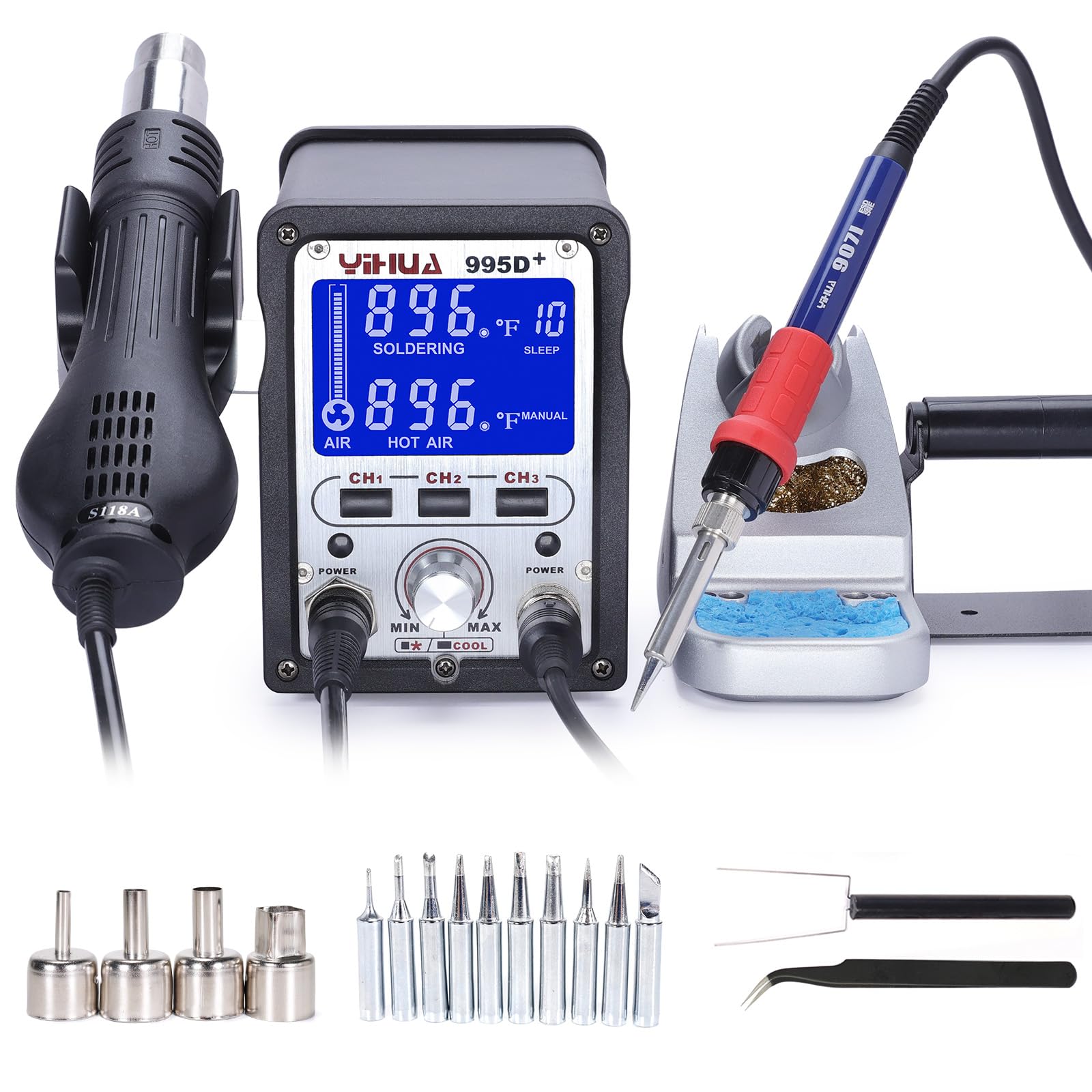 YIHUA 995D+ 2 in 1 hot air rework and soldering iron station with hot air gun, soldering iron, brass wool tip cleaner and iron holder