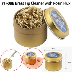 YIHUA YH-08B Soldering Iron Tip Cleaner with Rosin Flux - a gold metal tin with brass shavings, its lid, and dimension diagrams of 4cm by 3cm.