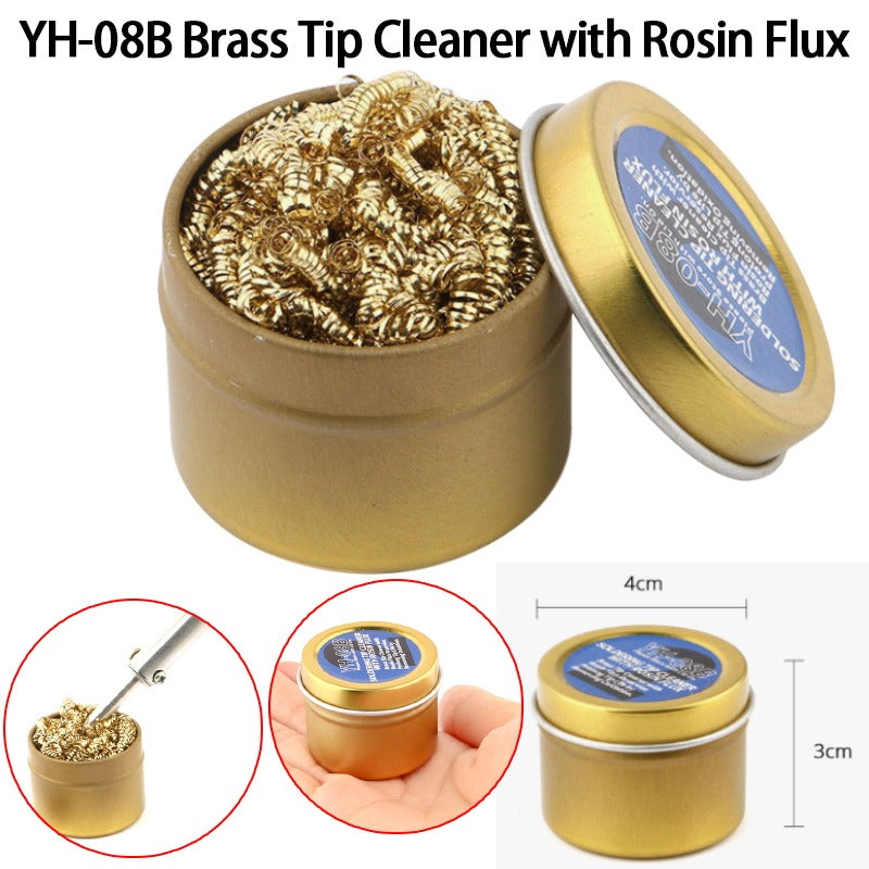 YIHUA YH-08B Soldering Iron Tip Cleaner with Rosin Flux - a gold metal tin with brass shavings, its lid, and dimension diagrams of 4cm by 3cm.
