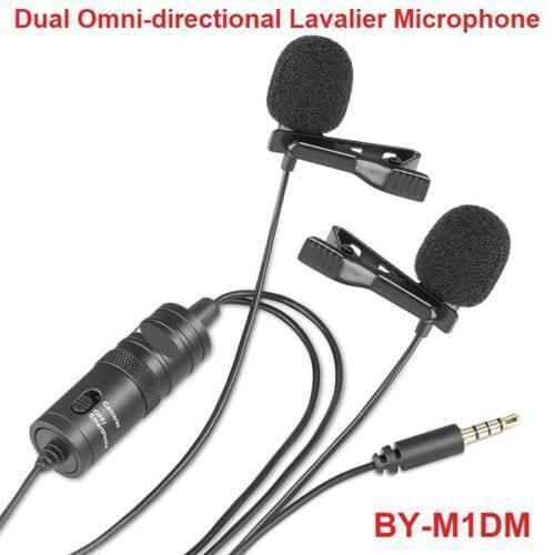 Yoga Dual Omni-directional Lavalier Microphone Bym1dm Camera Video Recorder Mic For Iphone Smartphone Dslr Camera - two black lapel microphones with clips, a power module with a switch, and a 3.5mm connector.