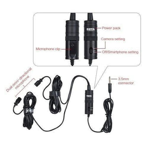 Yoga Dual Omni-directional Lavalier Microphone Bym1dm Camera Video Recorder Mic For Iphone Smartphone Dslr Camera - two microphones, a power pack with camera and smartphone settings, and a 3.5mm connector.