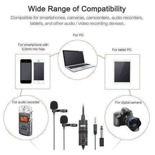 Yoga Dual Omni-directional Lavalier Microphone Bym1dm Camera Video Recorder Mic For Iphone Smartphone Dslr Camera - Boya Dual Lavalier Microphone BY-M1DM shown in a compatibility diagram with two microphones, a power module, a 3.5mm jack, and an adapter.