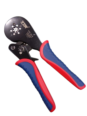 YTH 16-6 Hex Crimping Tool – 0.08–16mm² Ferrule Crimper for 30–5 AWG Wire | Self-Adjustable - a black metal tool with red and blue rubber handles and a six-sided self-adjusting crimping head.