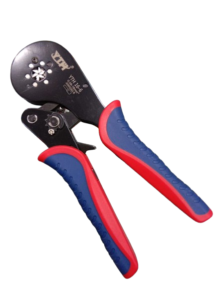 YTH 16-6 Hex Crimping Tool – 0.08–16mm² Ferrule Crimper for 30–5 AWG Wire | Self-Adjustable - a black metal tool with red and blue rubber handles and a six-sided self-adjusting crimping head.
