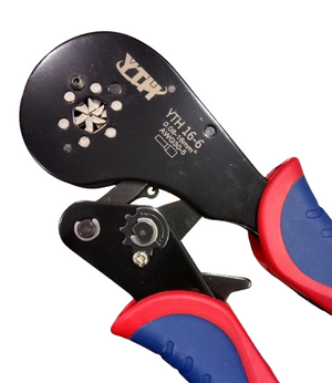 YTH 16-6 Hex Crimping Tool – 0.08–16mm² Ferrule Crimper for 30–5 AWG Wire | Self-Adjustable - a close-up of the black metal crimping head with a hexagonal opening, adjustment gear, and red and blue rubberized handles.