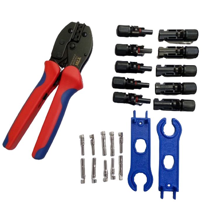 YTH-2546B 2.5/4/6mm Solar Crimper MC3 MC4 Crimping Tool Kit - a red and blue crimping tool, five pairs of black MC4 connectors, metal contact pins, and two blue plastic wrenches.