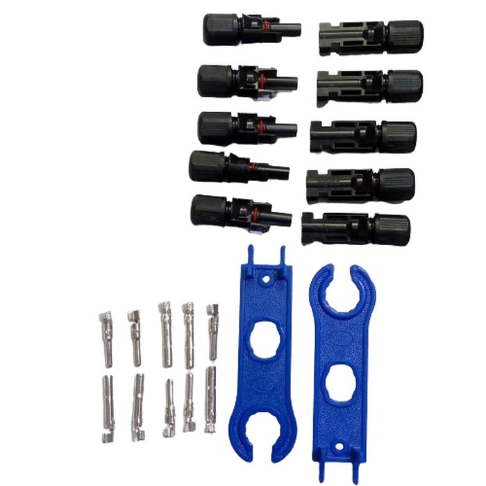 YTH-2546B 2.5/4/6mm Solar Crimper MC3 MC4 Crimping Tool Kit - five pairs of black MC4 connectors, ten metal crimp terminals, and two blue plastic assembly wrenches.