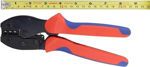 YTH-2546B Solar Crimper MC3 MC4 Crimping Tool - shown with red and blue handles next to a yellow measuring tape indicating a length of approximately 22 cm.