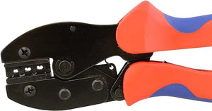 YTH-2546B Solar Crimper MC3 MC4 Crimping Tool - a close-up of the black metal crimping head with red and blue ergonomic handles.