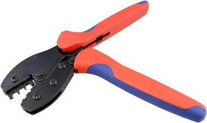 YTH-2546B Solar Crimper MC3 MC4 Crimping Tool - a black metal crimping tool with red and blue ergonomic handles shown in an open position.