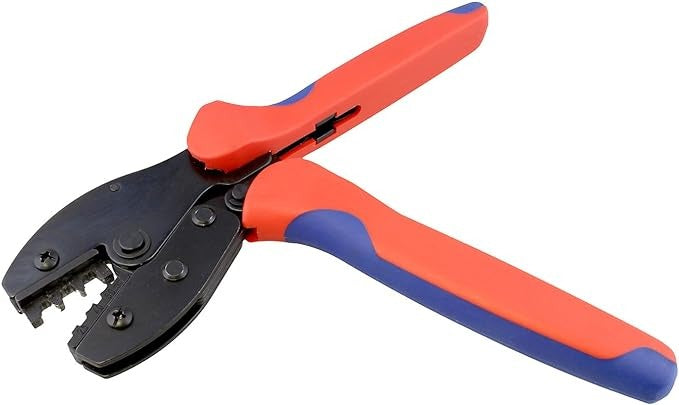 YTH-2546B Solar Crimper MC3 MC4 Crimping Tool - a black metal crimping tool with red and blue ergonomic handles shown in an open position.