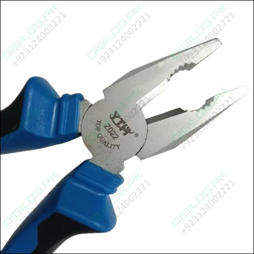 YTH-Z022 8 Inch 200mm Electric Pliers - a close-up view of the metal jaws and the blue and black handle hinge marked with the brand name and model.