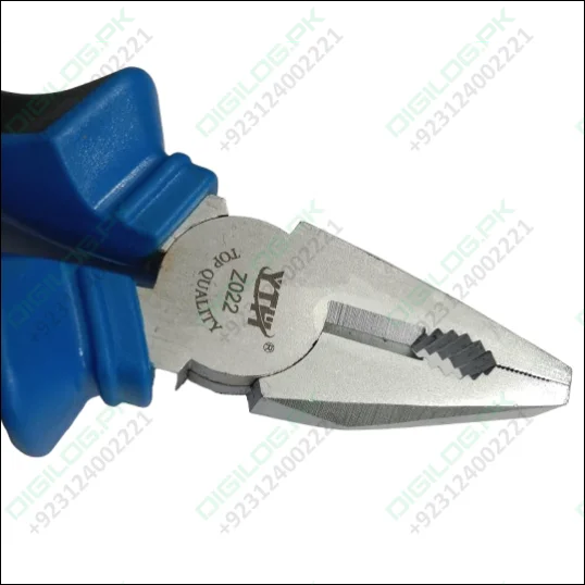 YTH-Z022 8 Inch 200mm Electric Pliers - a close-up of the metal head and blue rubber handles, showing the YTH brand and Z022 model number engraved.