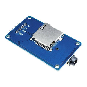 YX5300 MP3 Music Player UART Control Serial Module - a blue rectangular circuit board with a microSD card slot, a 3.5mm audio jack, and four header pins.
