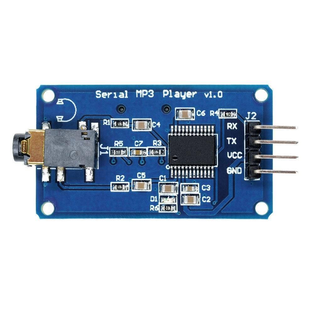 YX5300 MP3 Music Player UART Control Serial Module - a blue rectangular circuit board featuring a 3.5mm audio jack, a chip, and a four-pin header.